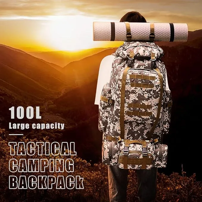 100L Camping Hiking Backpack,Molle military Tactical rucksack backpack,Waterproof Lightweight Hiking Backpack (Khaki-C)