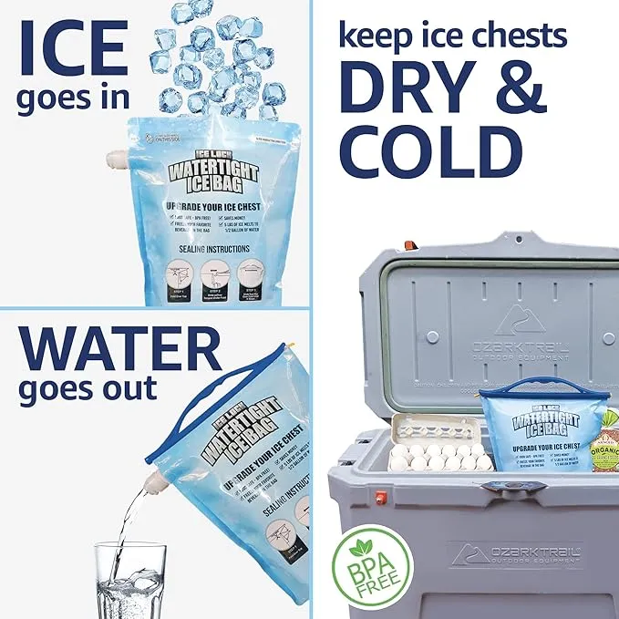 2 Large Leakproof Ice Bags. The original reusable Ice Pack for Coolers - Drop in Cubed Ice & Make Cold, Dry Freezer Packs for Coolers - Drink your ice when it melts.