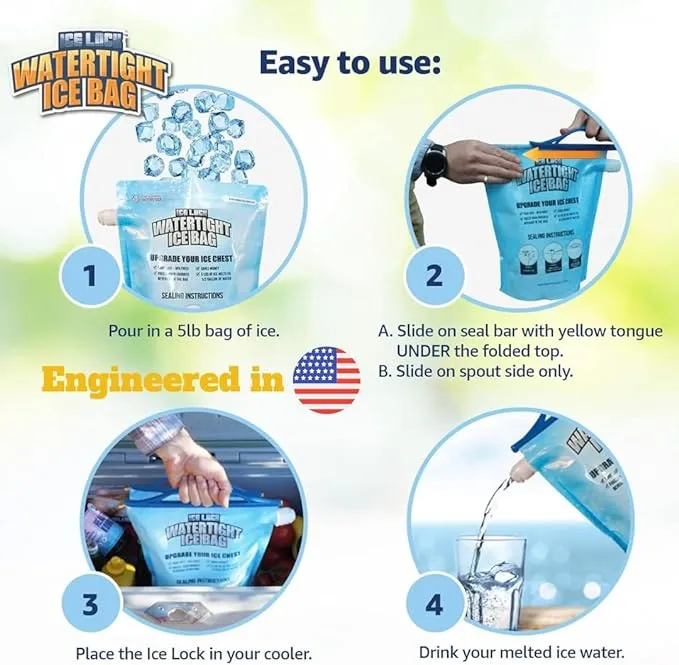 2 Large Leakproof Ice Bags. The original reusable Ice Pack for Coolers - Drop in Cubed Ice & Make Cold, Dry Freezer Packs for Coolers - Drink your ice when it melts.