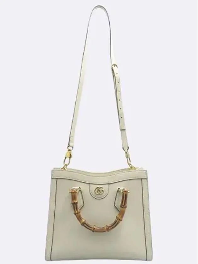 660195 White Leather Diana Small Bamboo Tote Bag Shoulder Strap