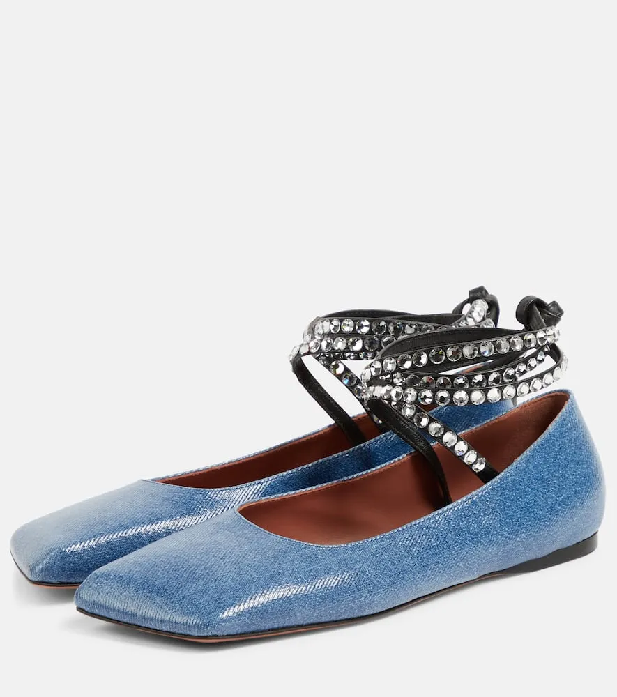 Amina Muaddi Ane embellished denim ballet flats