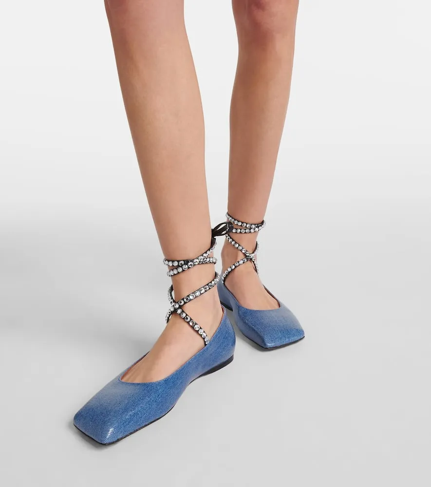 Amina Muaddi Ane embellished denim ballet flats