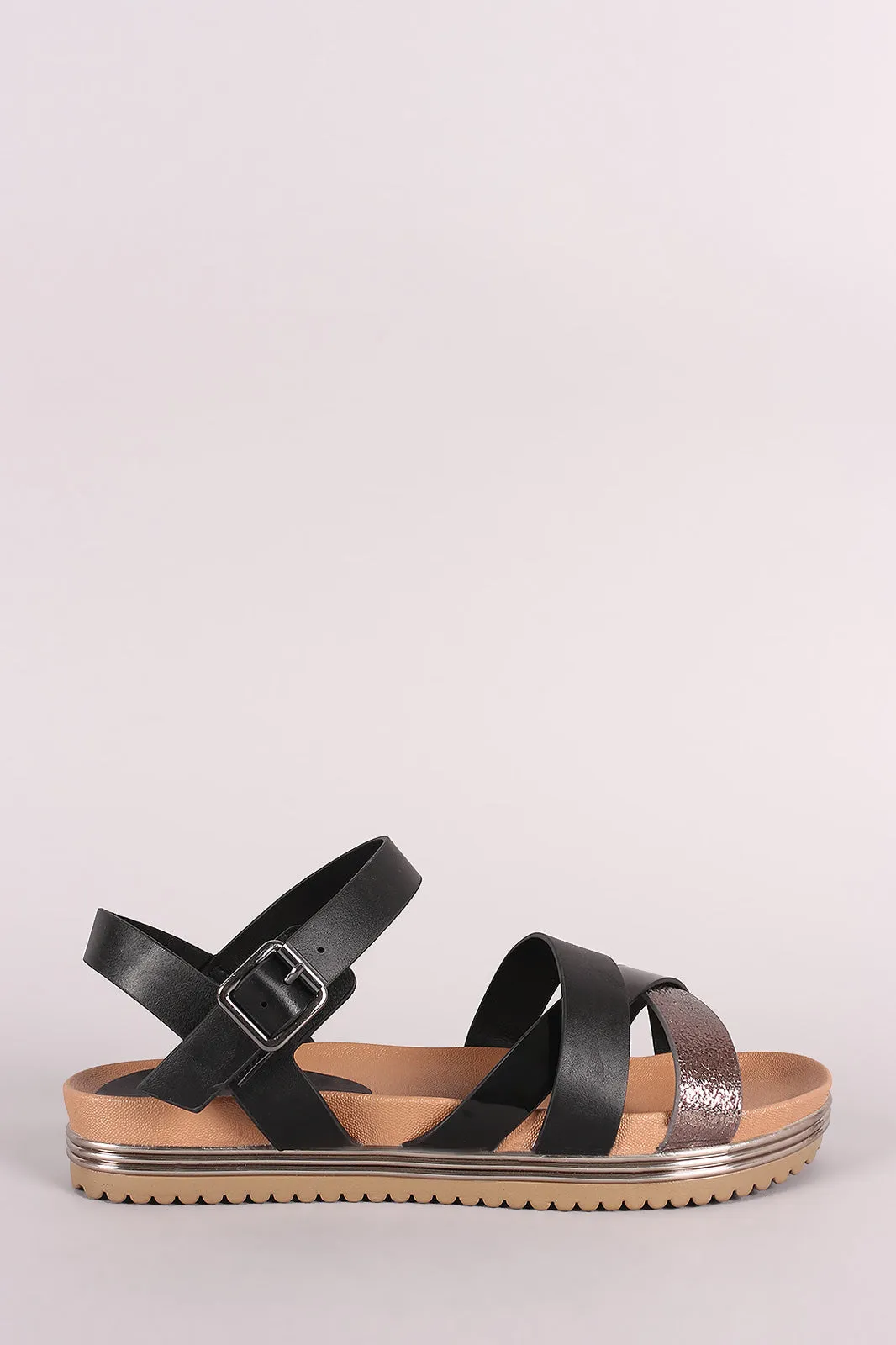Bamboo Strappy Metallic Trim Ankle Strap Flatform Sandal