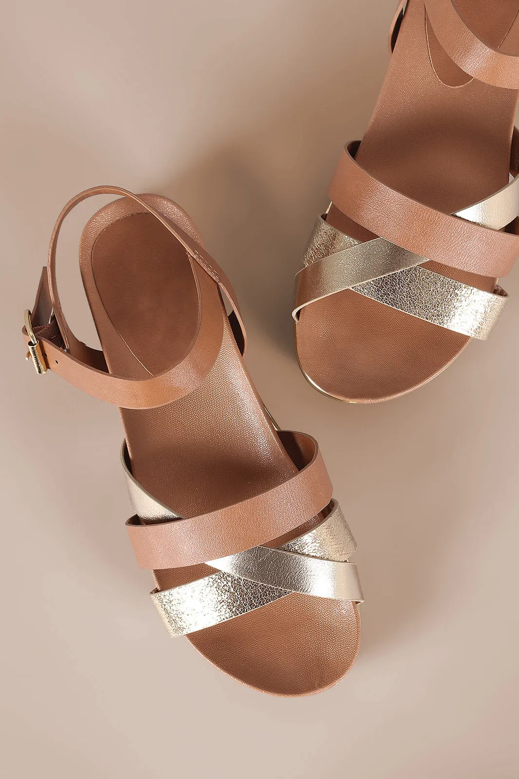 Bamboo Strappy Metallic Trim Ankle Strap Flatform Sandal