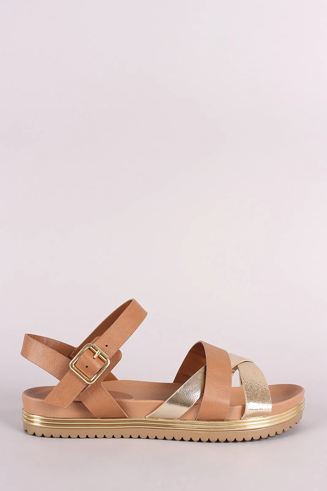 Bamboo Strappy Metallic Trim Ankle Strap Flatform Sandal