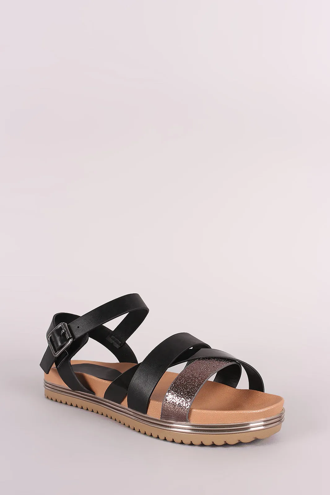 Bamboo Strappy Metallic Trim Ankle Strap Flatform Sandal