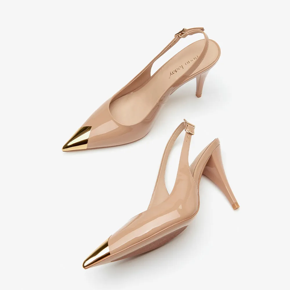 BeauToday Women's Metallic Toe Cap Pointed Toe Stiletto Slingback Pumps