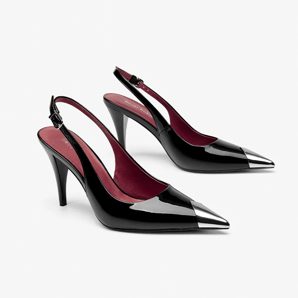 BeauToday Women's Metallic Toe Cap Pointed Toe Stiletto Slingback Pumps