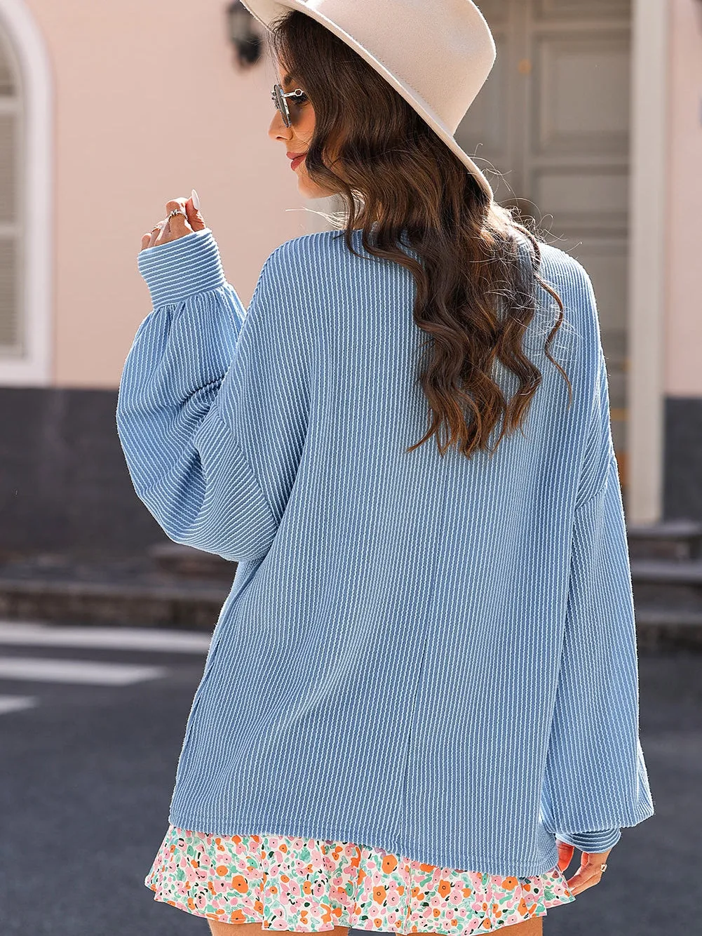 Blue Corded Drop Shoulder Sweatshirt with Ribbed Detail