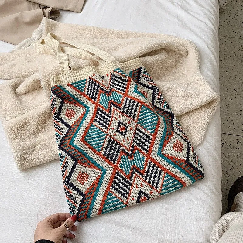 Boho-Inspired Aztec Pattern Knitted Tote Bags