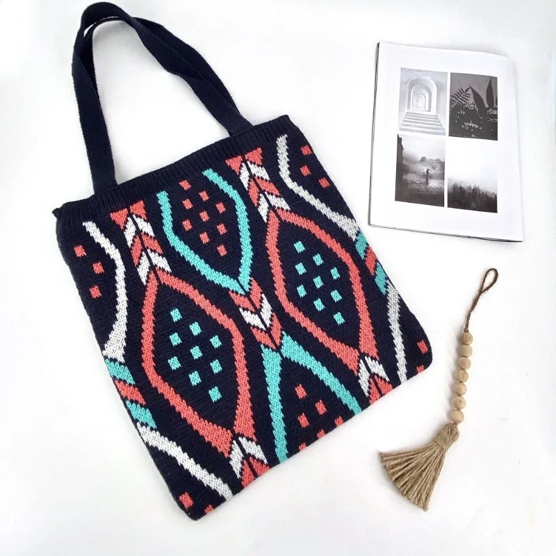 Boho-Inspired Aztec Pattern Knitted Tote Bags