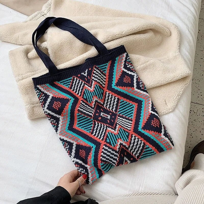Boho-Inspired Aztec Pattern Knitted Tote Bags