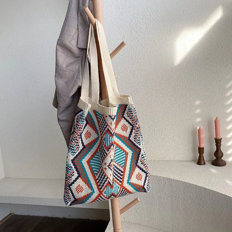Boho-Inspired Aztec Pattern Knitted Tote Bags
