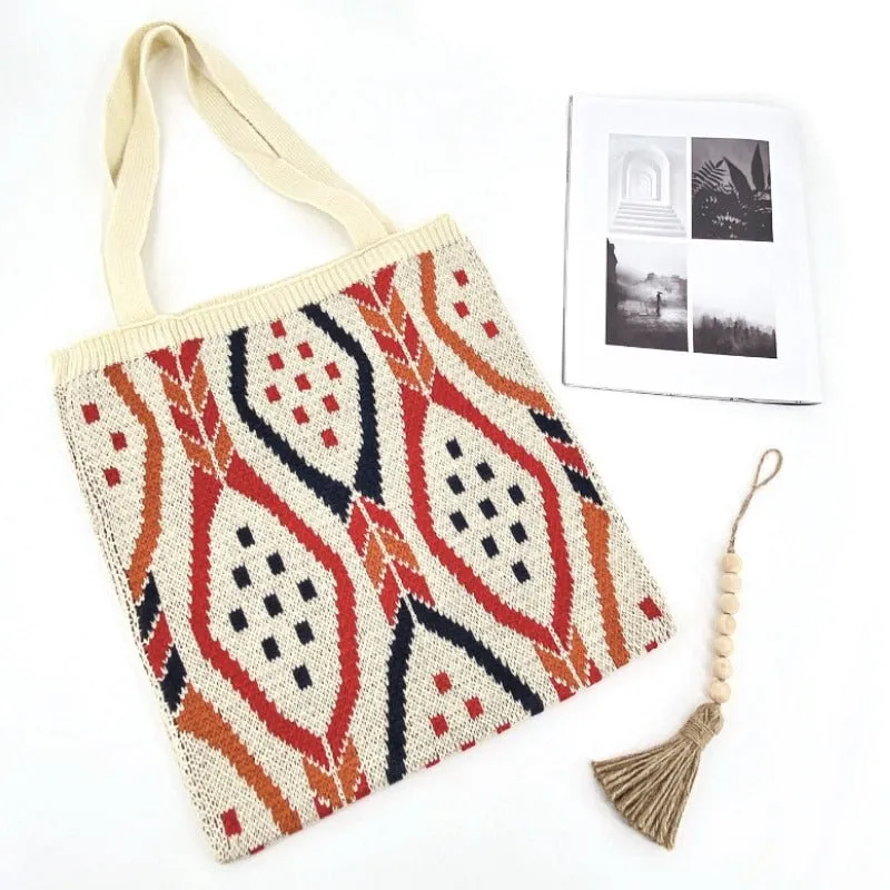 Boho-Inspired Aztec Pattern Knitted Tote Bags