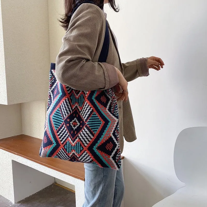 Boho-Inspired Aztec Pattern Knitted Tote Bags