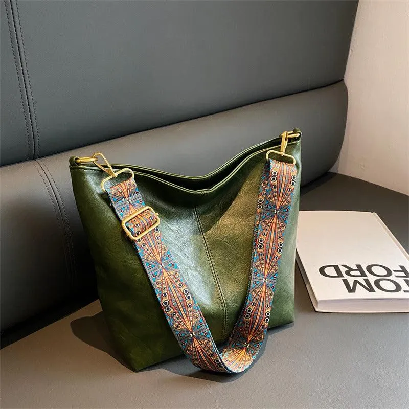 Bucket Bag Retro Print Wide Shoulder Strap Messenger Shoulder Bags Solid Color Shopping Daily Commuter Handbag