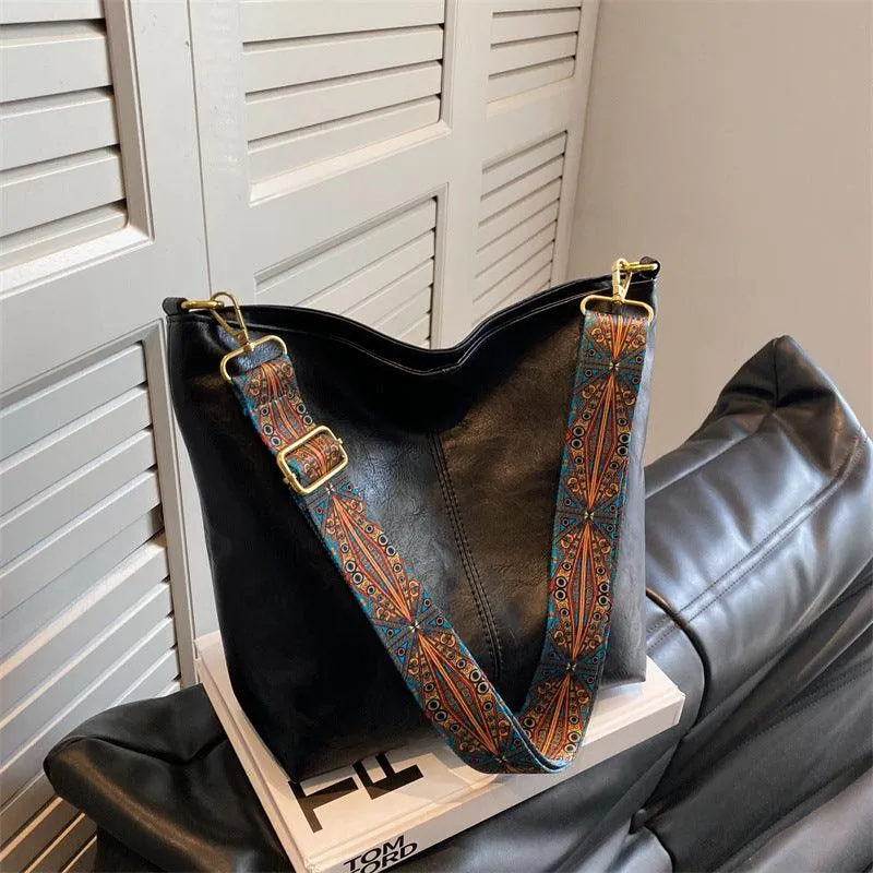 Bucket Bag Retro Print Wide Shoulder Strap Messenger Shoulder Bags Solid Color Shopping Daily Commuter Handbag