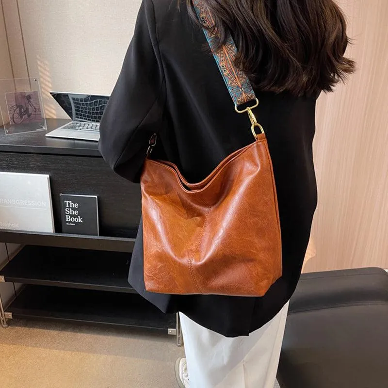 Bucket Bag Retro Print Wide Shoulder Strap Messenger Shoulder Bags Solid Color Shopping Daily Commuter Handbag