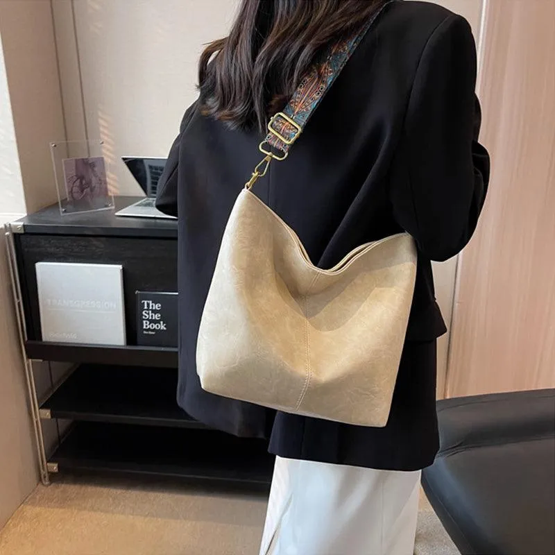 Bucket Bag Retro Print Wide Shoulder Strap Messenger Shoulder Bags Solid Color Shopping Daily Commuter Handbag