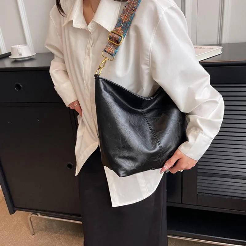 Bucket Bag Retro Print Wide Shoulder Strap Messenger Shoulder Bags Solid Color Shopping Daily Commuter Handbag