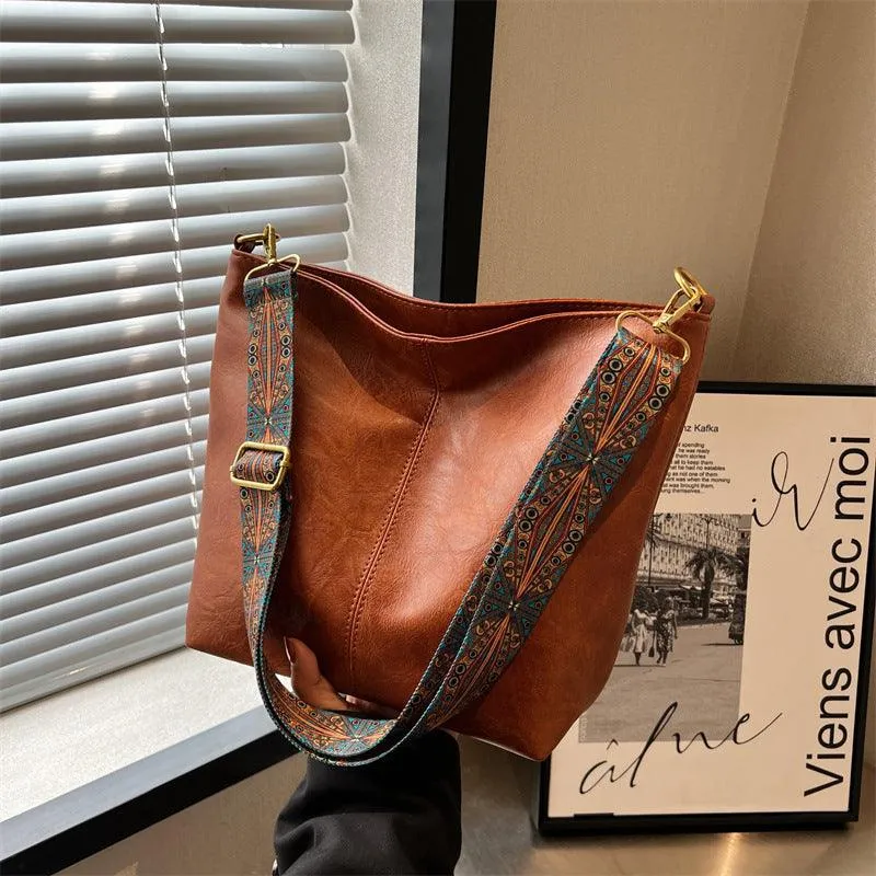 Bucket Bag Retro Print Wide Shoulder Strap Messenger Shoulder Bags Solid Color Shopping Daily Commuter Handbag