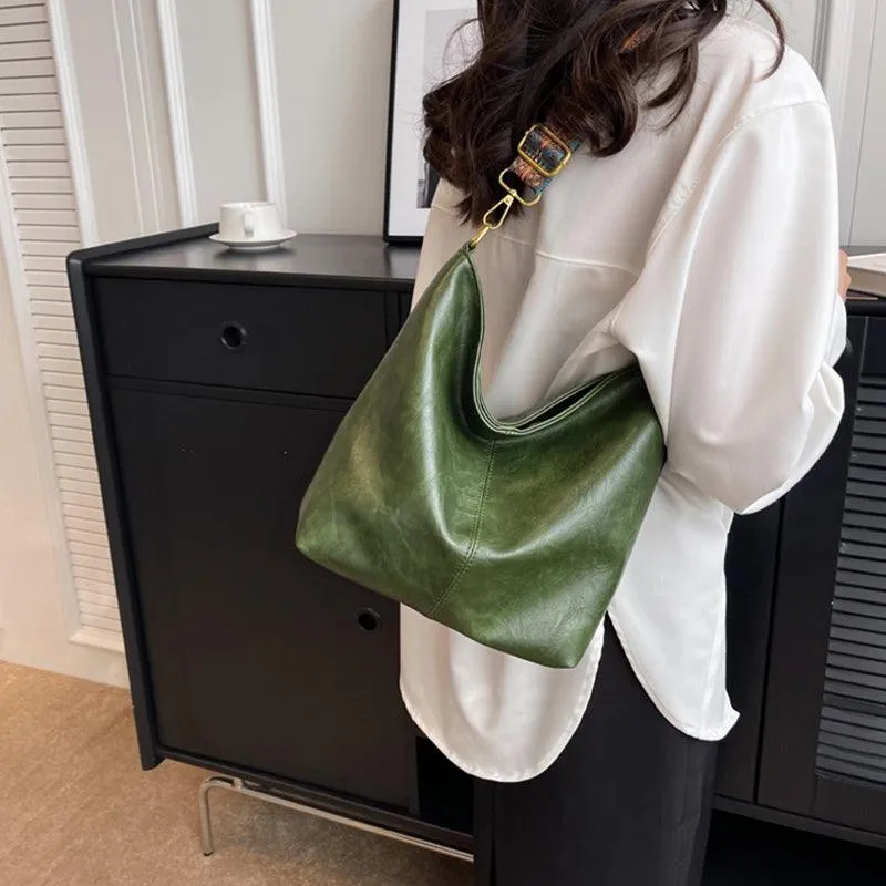 Bucket Bag Retro Print Wide Shoulder Strap Messenger Shoulder Bags Solid Color Shopping Daily Commuter Handbag