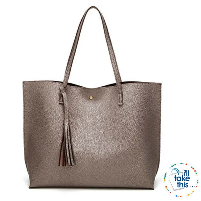 Casual Tassel Handbags in Vegan Leather Big Size Tote Shoulder Bag -10 Colors