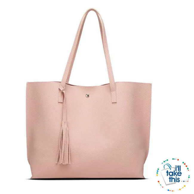 Casual Tassel Handbags in Vegan Leather Big Size Tote Shoulder Bag -10 Colors