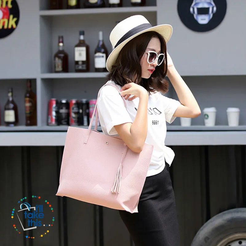Casual Tassel Handbags in Vegan Leather Big Size Tote Shoulder Bag -10 Colors