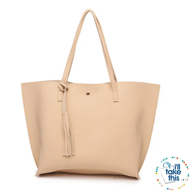 Casual Tassel Handbags in Vegan Leather Big Size Tote Shoulder Bag -10 Colors