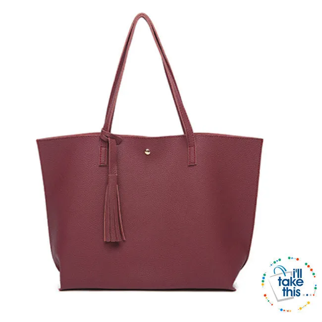 Casual Tassel Handbags in Vegan Leather Big Size Tote Shoulder Bag -10 Colors
