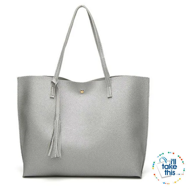 Casual Tassel Handbags in Vegan Leather Big Size Tote Shoulder Bag -10 Colors