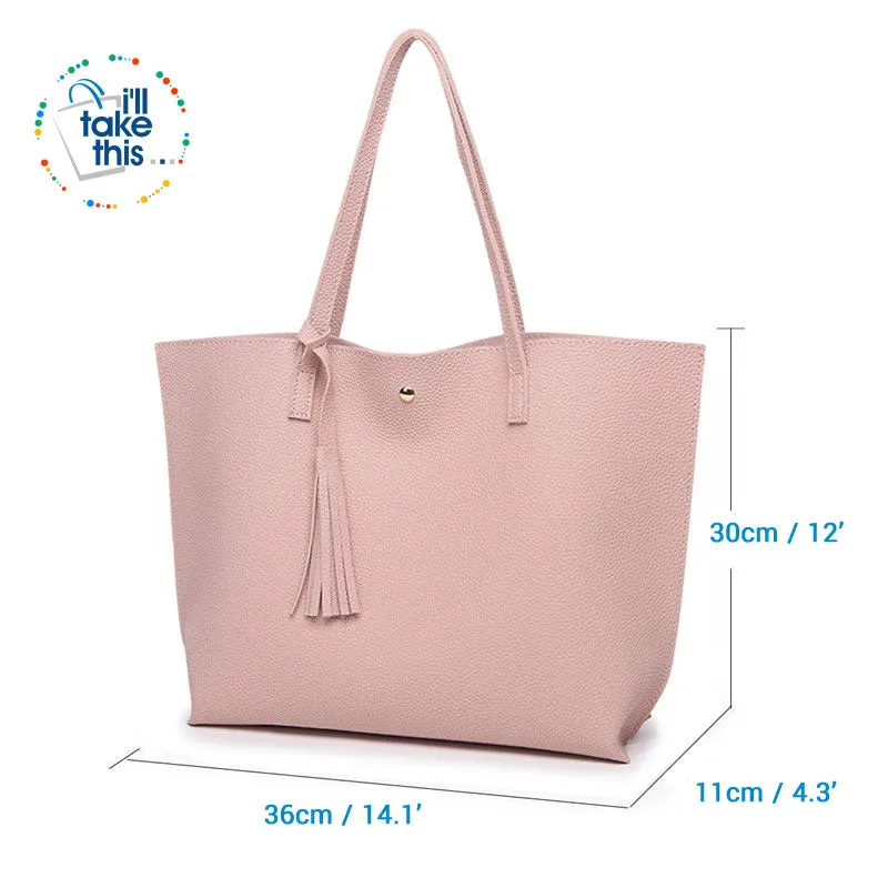 Casual Tassel Handbags in Vegan Leather Big Size Tote Shoulder Bag -10 Colors