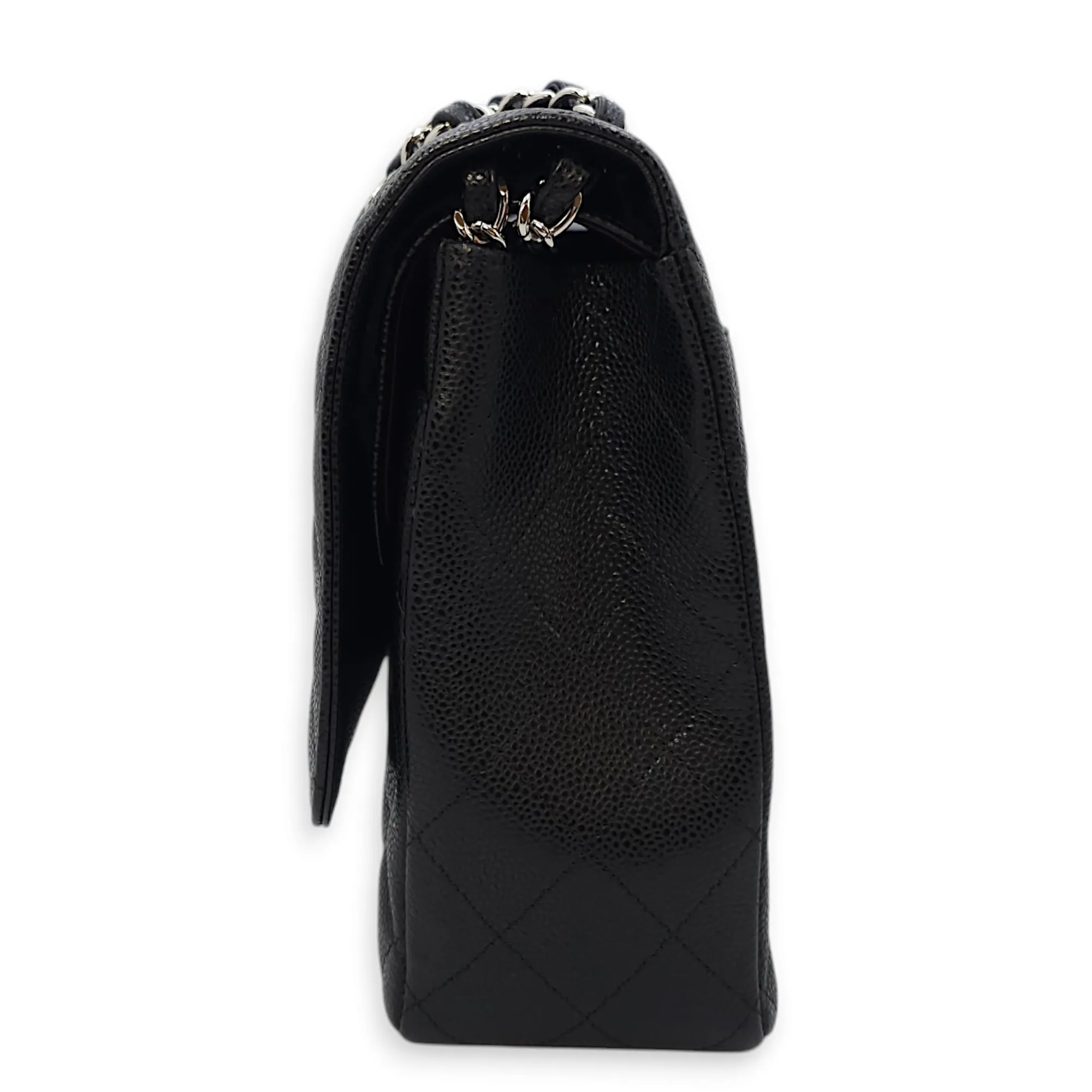 Classic Double Flap Maxi Black Shoulder Bag in Caviar Leather, Silver hardware
