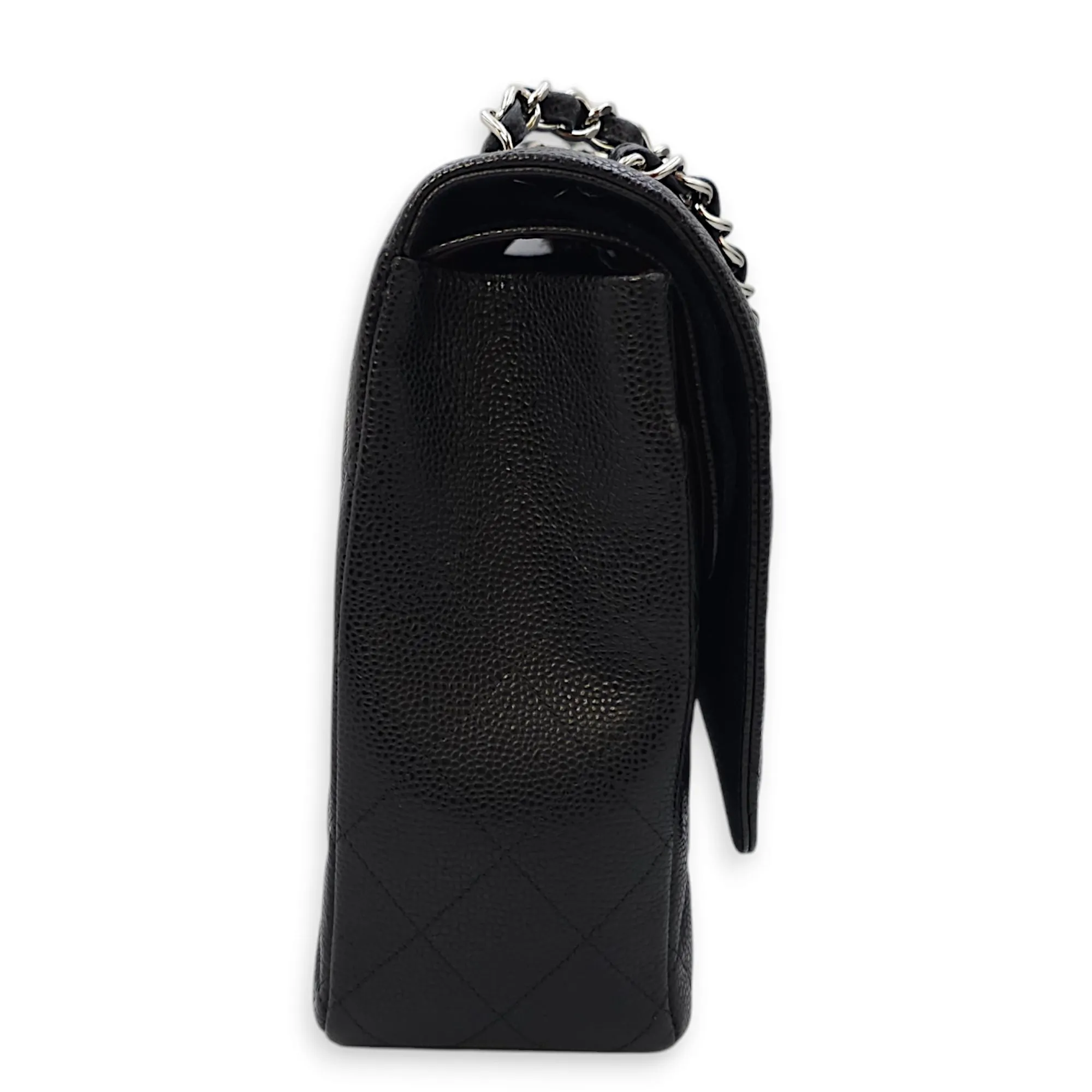 Classic Double Flap Maxi Black Shoulder Bag in Caviar Leather, Silver hardware