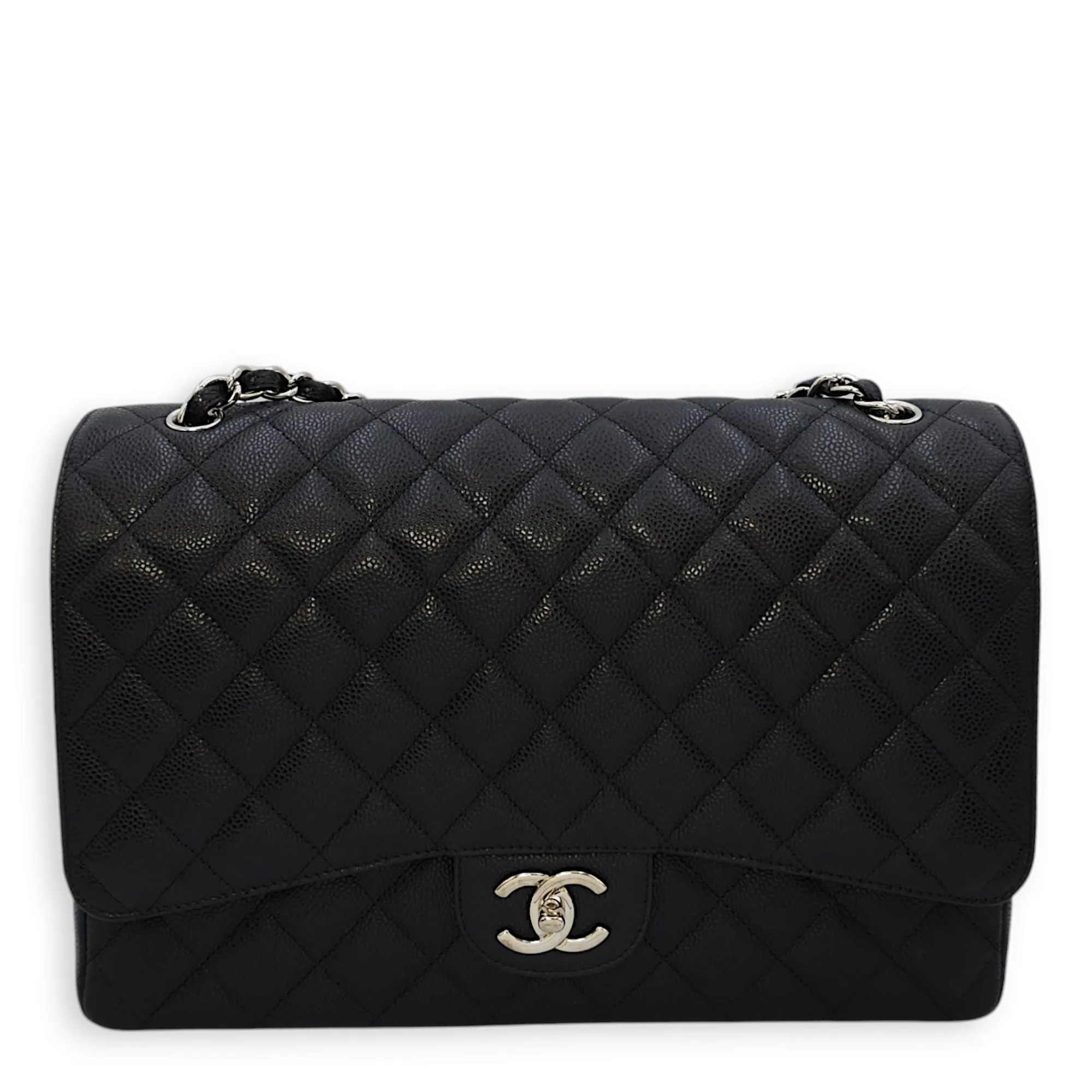 Classic Double Flap Maxi Black Shoulder Bag in Caviar Leather, Silver hardware