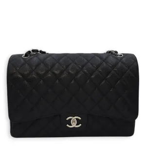 Classic Double Flap Maxi Black Shoulder Bag in Caviar Leather, Silver hardware