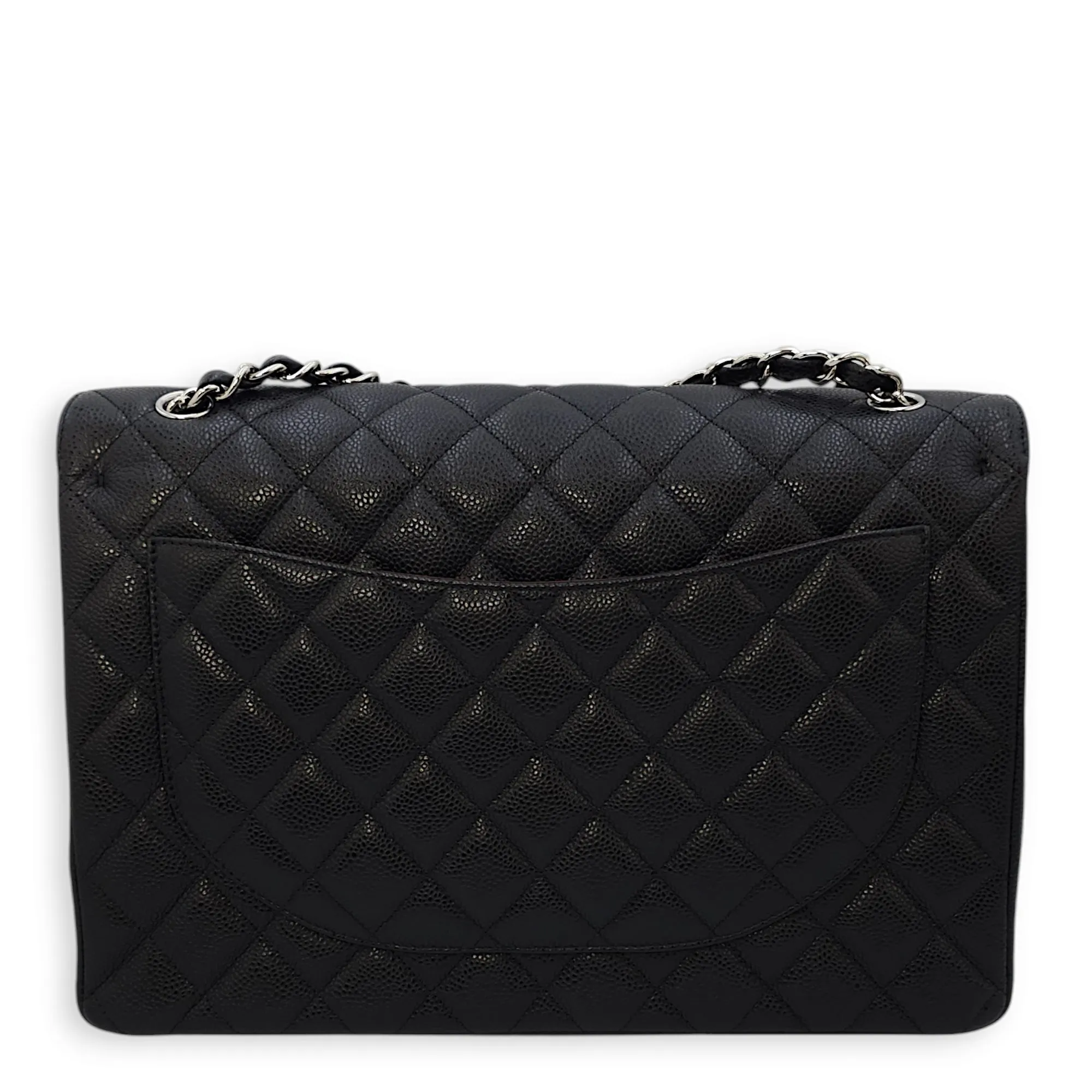 Classic Double Flap Maxi Black Shoulder Bag in Caviar Leather, Silver hardware