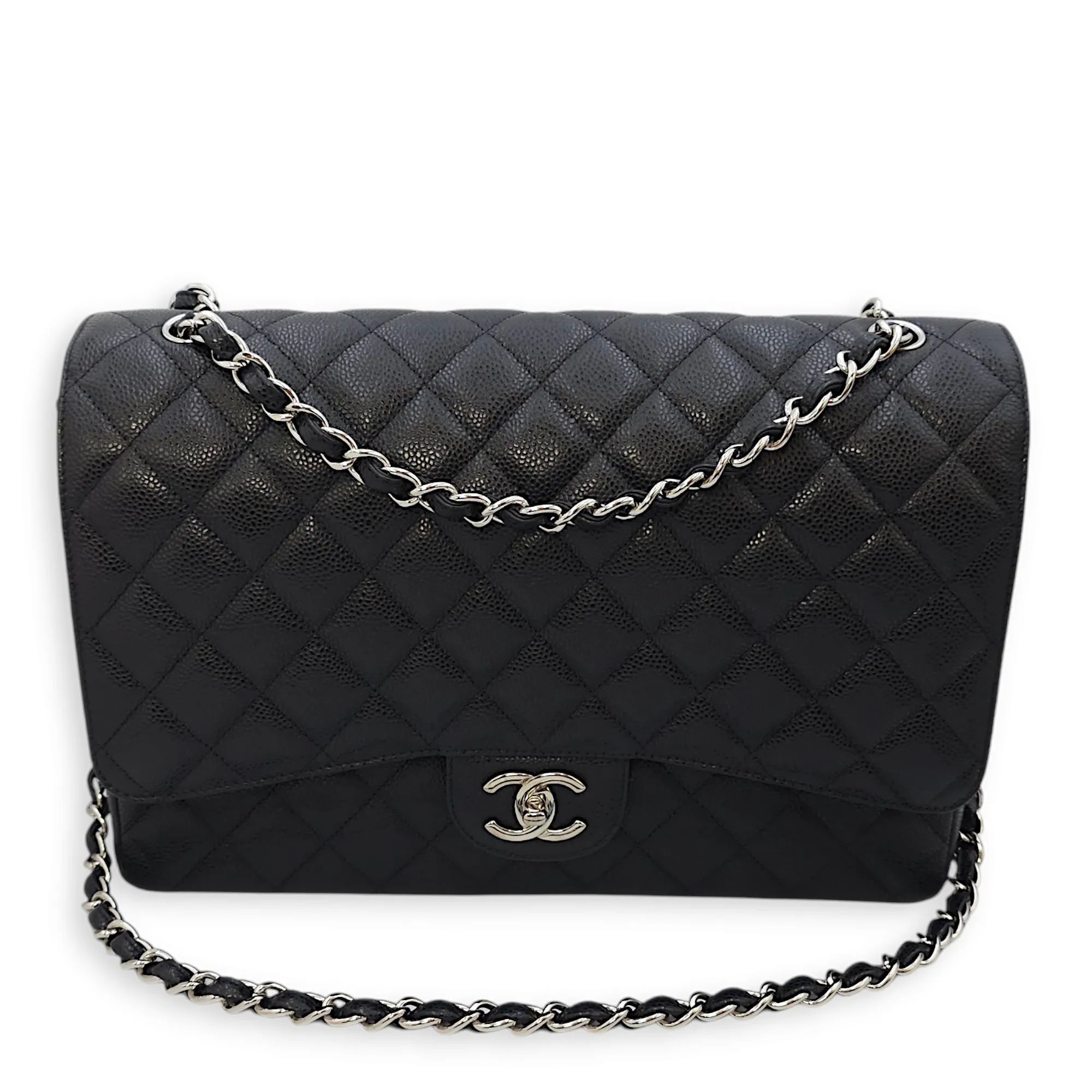Classic Double Flap Maxi Black Shoulder Bag in Caviar Leather, Silver hardware