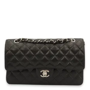 Classic Double Flap Medium Black Shoulder Bag in Caviar Leather, Silver Hardware