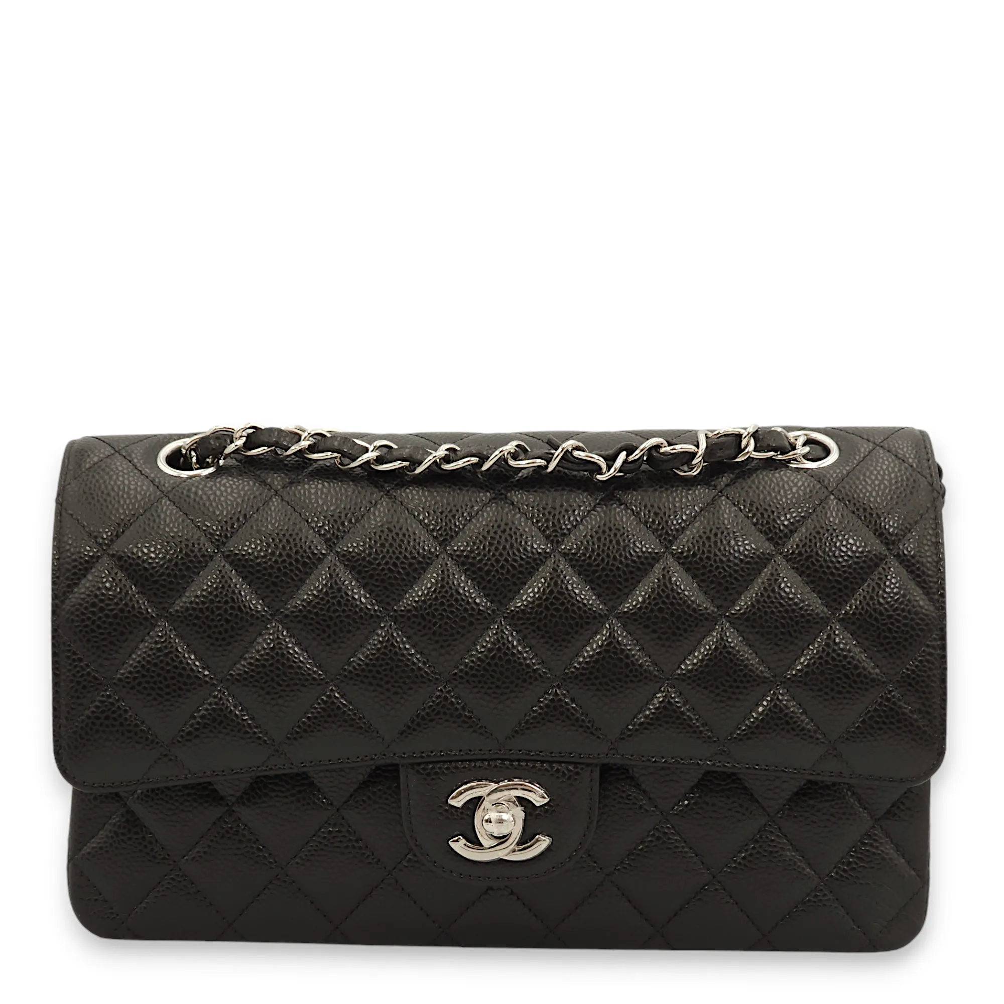 Classic Double Flap Medium Black Shoulder Bag in Caviar Leather, Silver Hardware