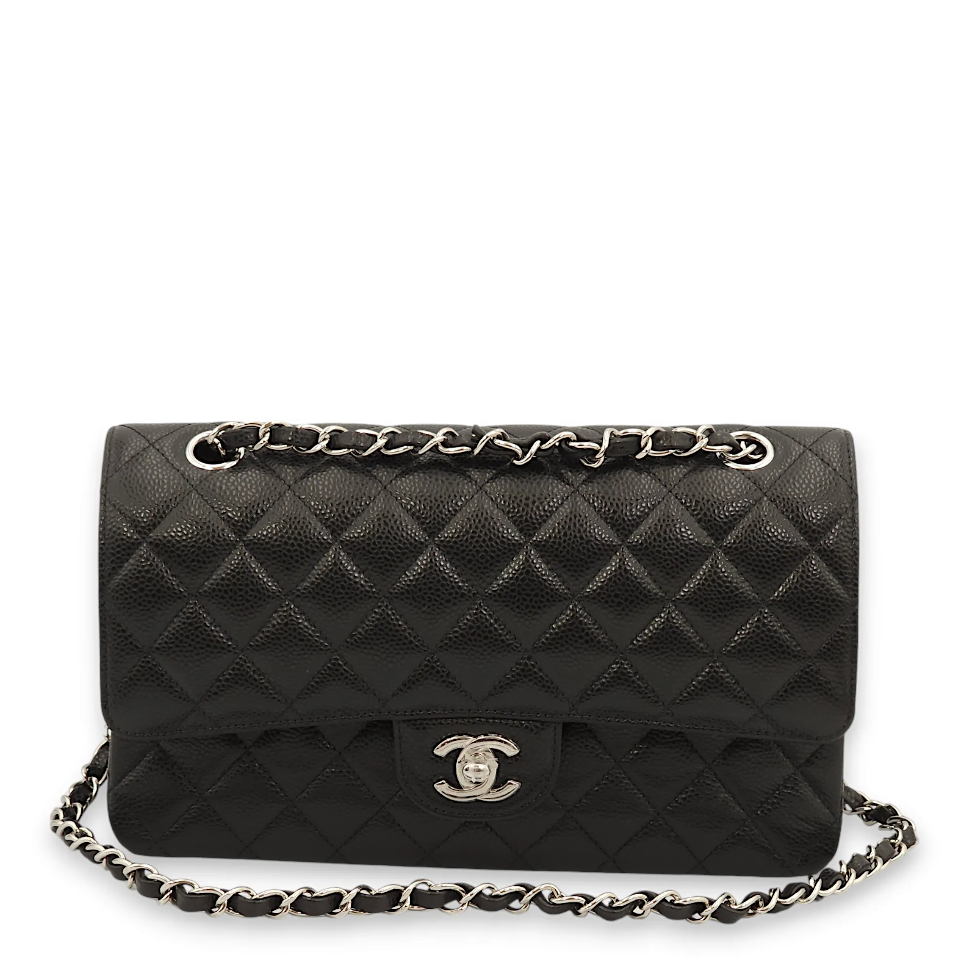 Classic Double Flap Medium Black Shoulder Bag in Caviar Leather, Silver Hardware