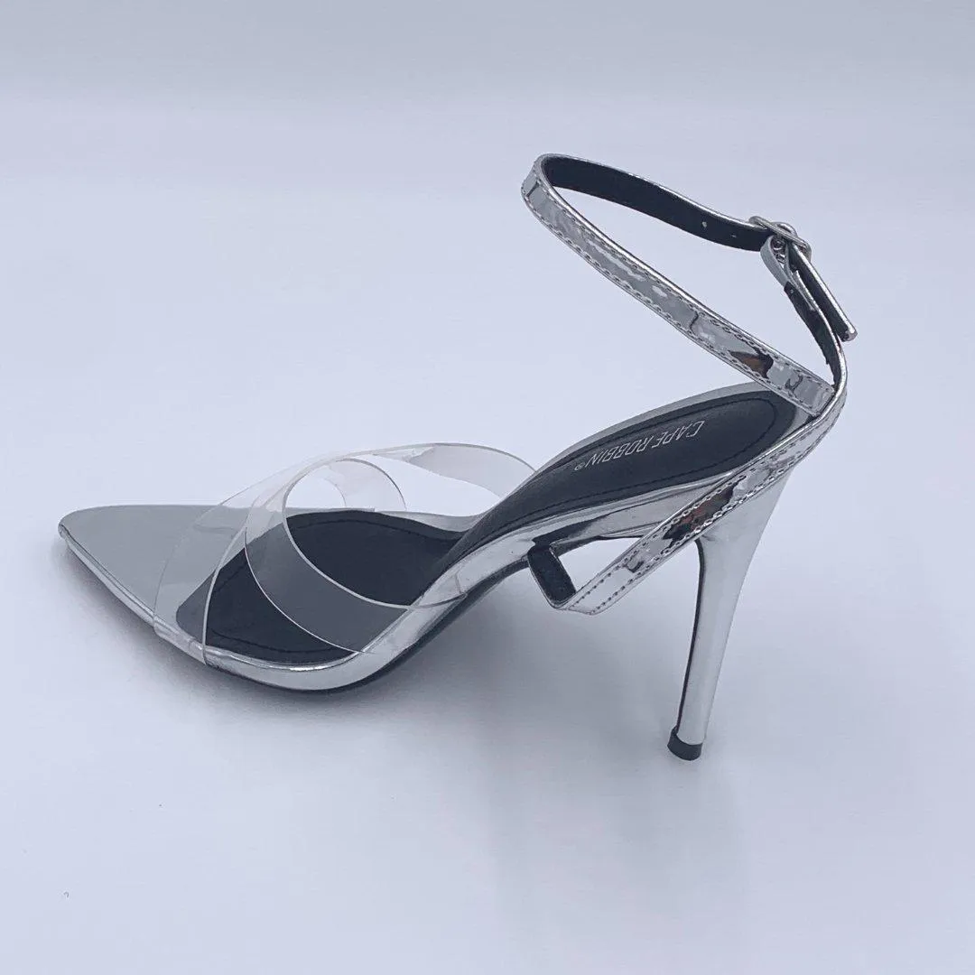 Clear Silver PVC Strappy Heeled Double Cross Sandals