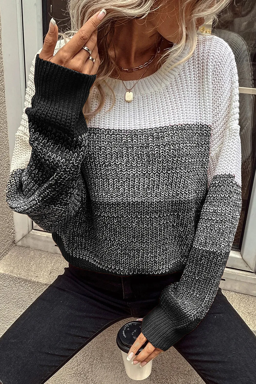 Color Block Drop Shoulder Ribbed Trim Sweater