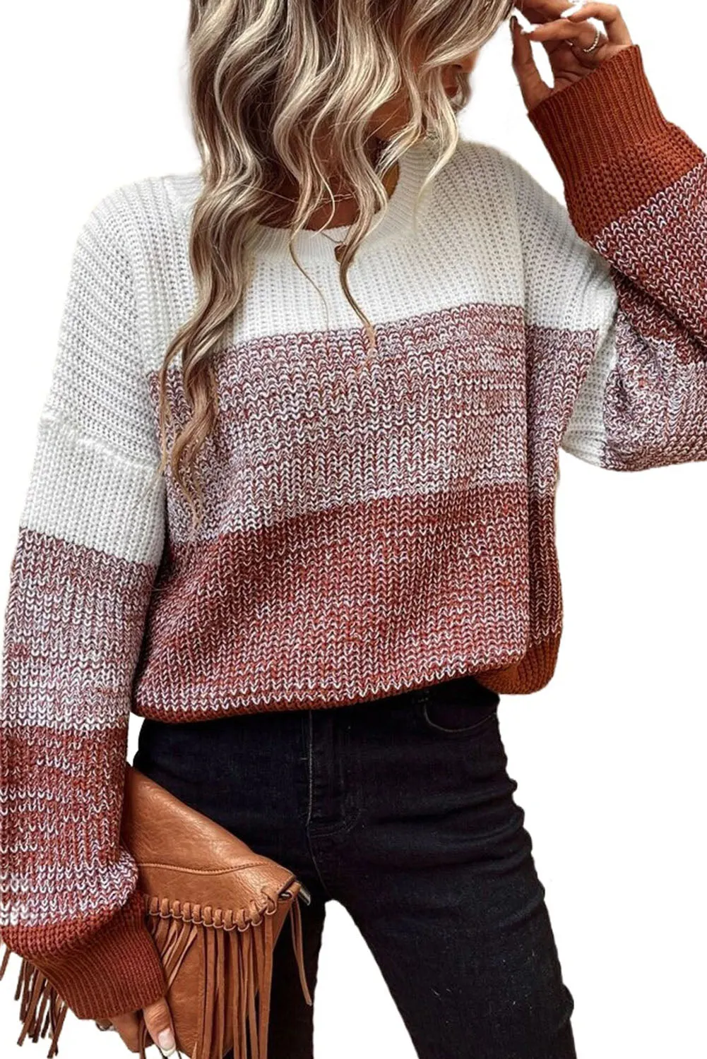 Color Block Drop Shoulder Ribbed Trim Sweater