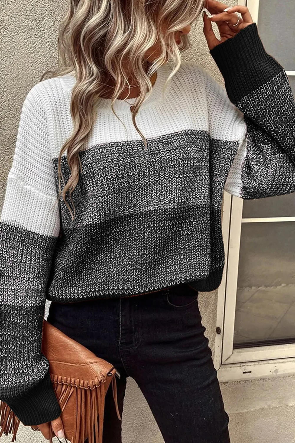 Color Block Drop Shoulder Ribbed Trim Sweater