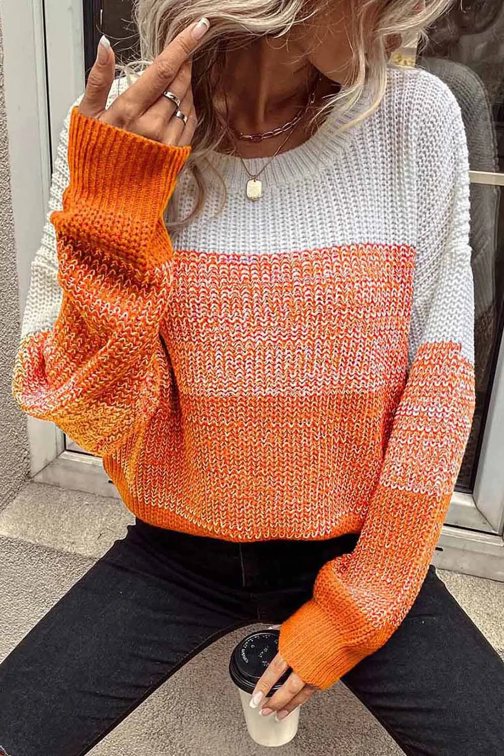 Color Block Drop Shoulder Ribbed Trim Sweater