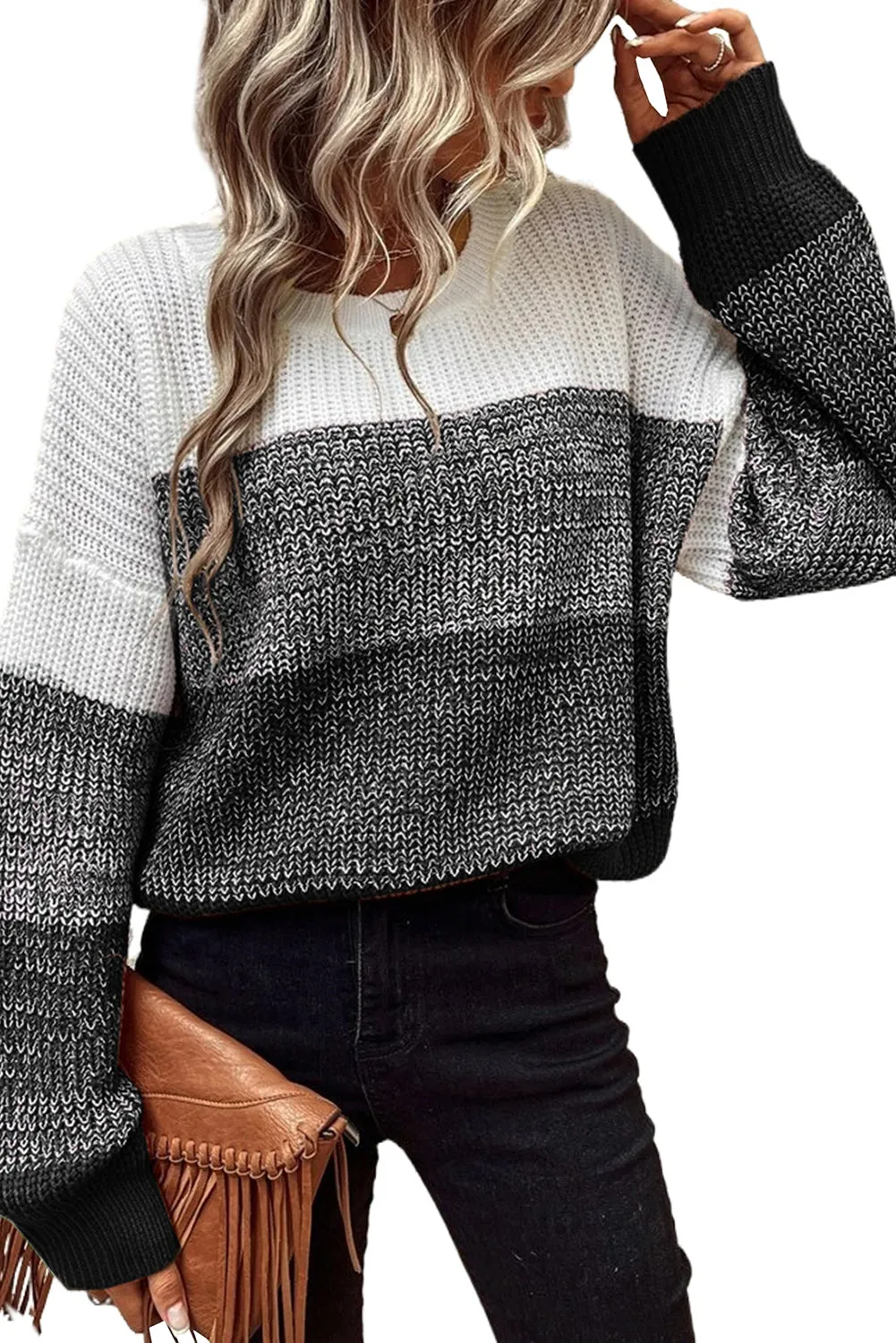 Color Block Drop Shoulder Ribbed Trim Sweater