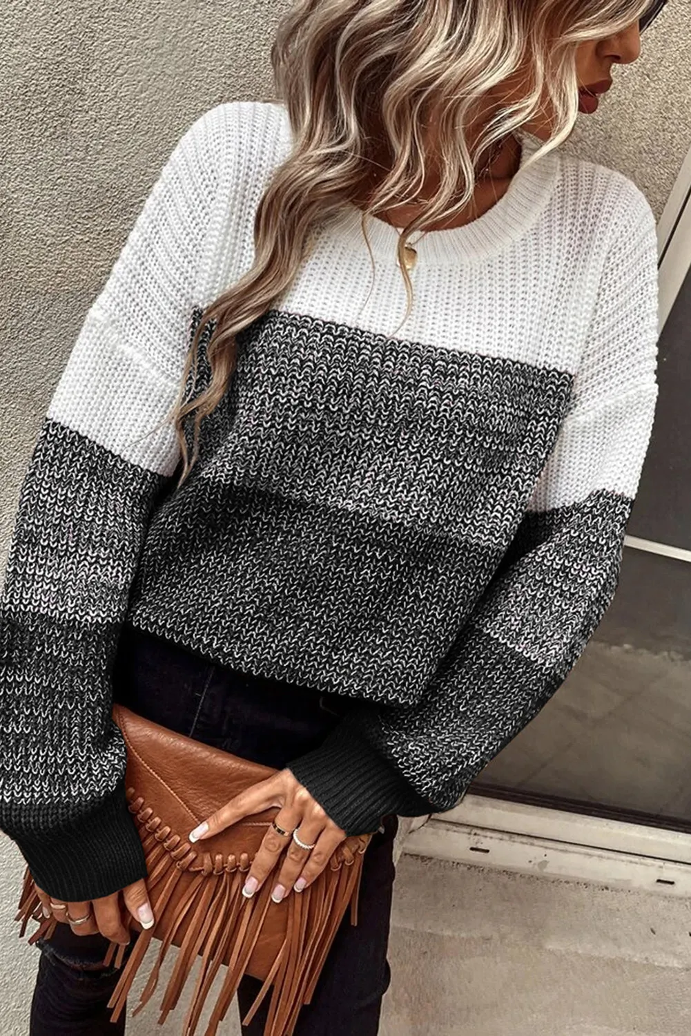 Color Block Drop Shoulder Ribbed Trim Sweater