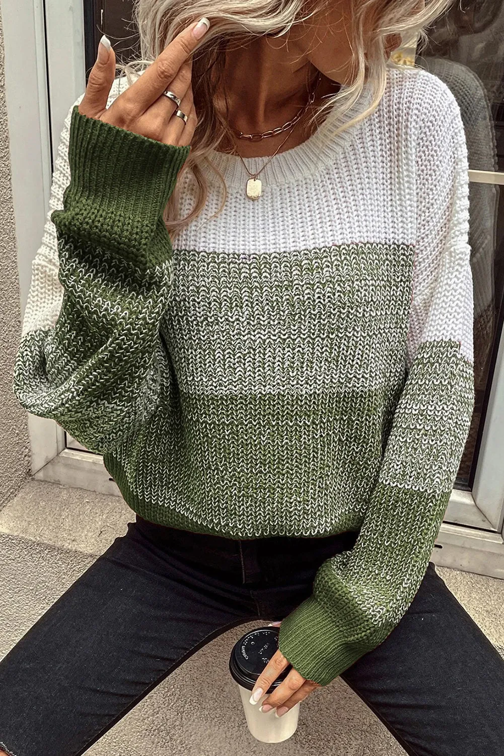 Color Block Drop Shoulder Ribbed Trim Sweater